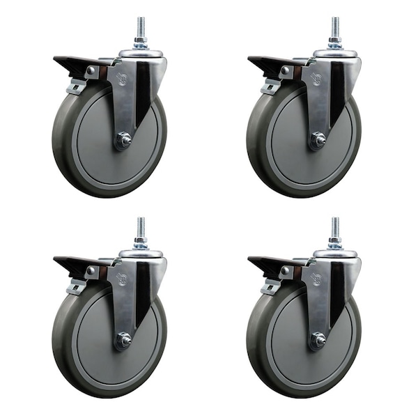6 Inch Gray Polyurethane 12 MM Threaded Stem Caster Set with Brake